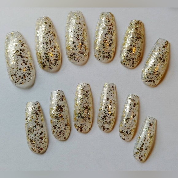 Clear Gold Glitter Press On Nails - New Hand Painted - Picture 2 of 6